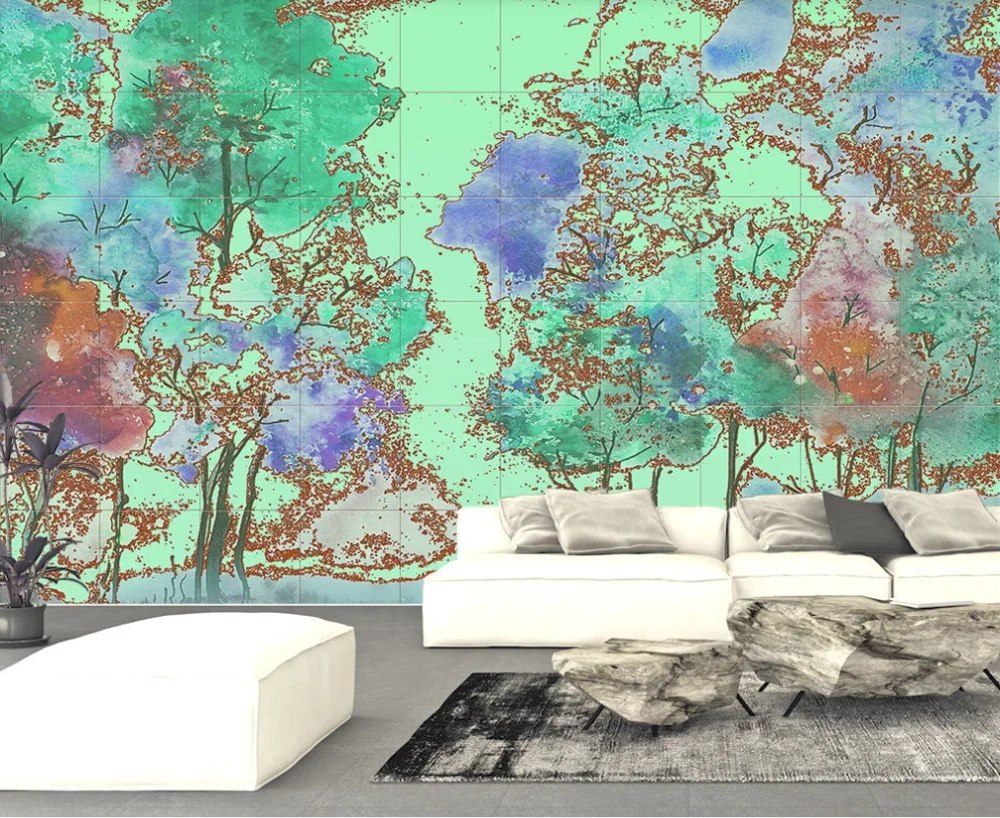 Custom mural wallpaper 3D5D8D new Chinese golden color woods hand-painted abstract landscape background wall