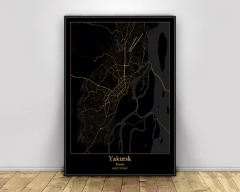 

Yakutsk Russia Black&Gold City Light Maps Custom World City Map Posters Canvas Prints Nordic Style Wall Art Home Decor