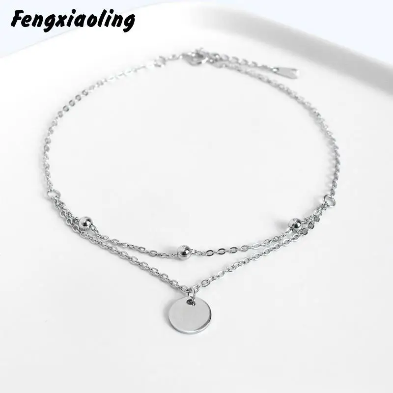 

Fengxiaoling 100% Genuine 925 Sterling Silver Simple Wafer Anklets For Women Minimalism Double Layer Anklets Fine Jewelry 2020