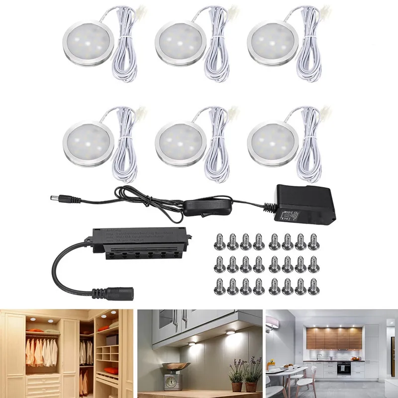 

6 Round LED Cabinet Light Shelf Showcase Cupboard Closet Lamp Kitchen Puck Downlight Wardrobe Night Counter Lighting Lamps