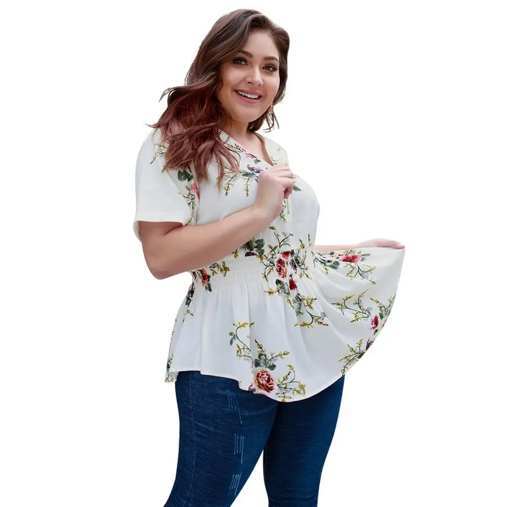 

JVCAKE White Woman Shirt Printed Top 2020 Spring Summer V Neck Short Sleeve Large Size Apricot Navy Blue Stitching Loose Shirt L