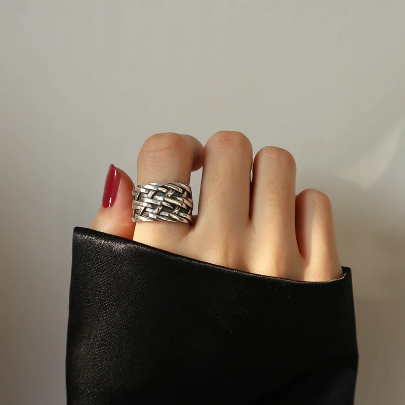 

925 Sterling Silver Heavy Weave Ring Vintage Silver Rope Ring Big Wide Band Thumb Ring Adjustable Elegant Women Birthday Gift