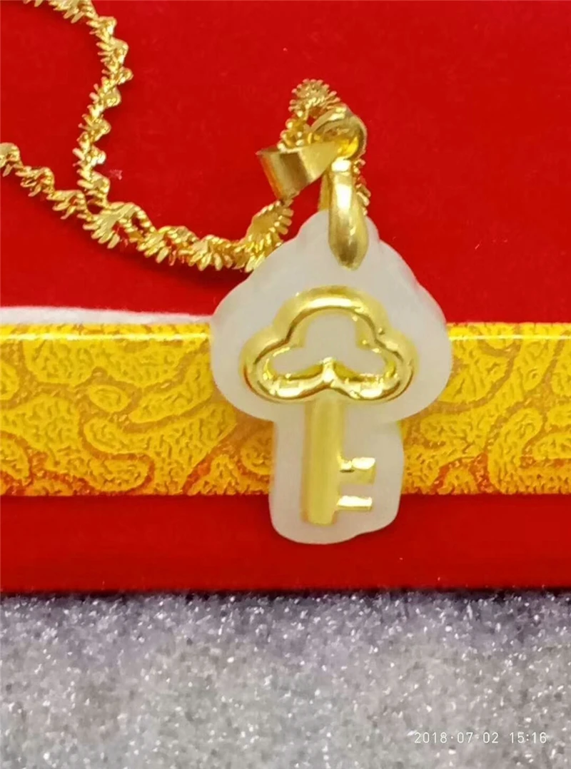 LETSFUN 24 К золото инкрустированные Натуральный китайский белый нефрит Lucky Lock подвеска ожерелье ювелирные изделия подарок 925 пробы серебро