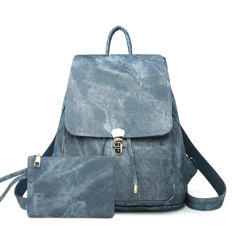 

2 Pieces Set Of Ladies Backpack Pu Shoulder Leather Ladies Backpack Imitation Denim Pattern Suit Backpack Travel