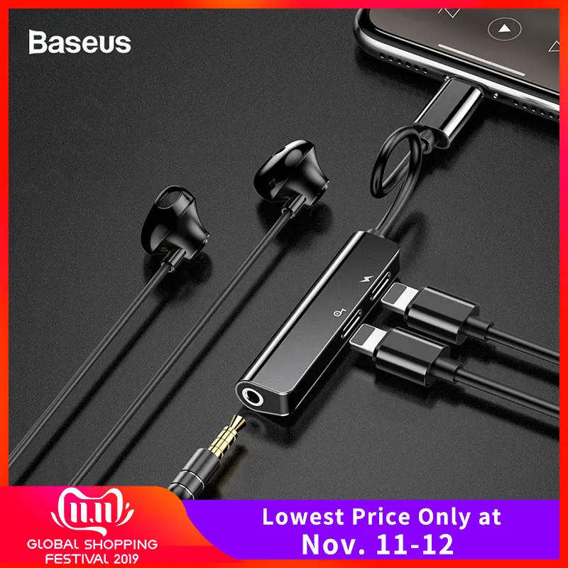 Günstige Baseus Audio Aux Adapter Für iPhone 11 Xs Max Xr X 8Plus Dual Kopfhörer Kopfhörer Jack OTG Kabel Für blitz Splitter Konverter