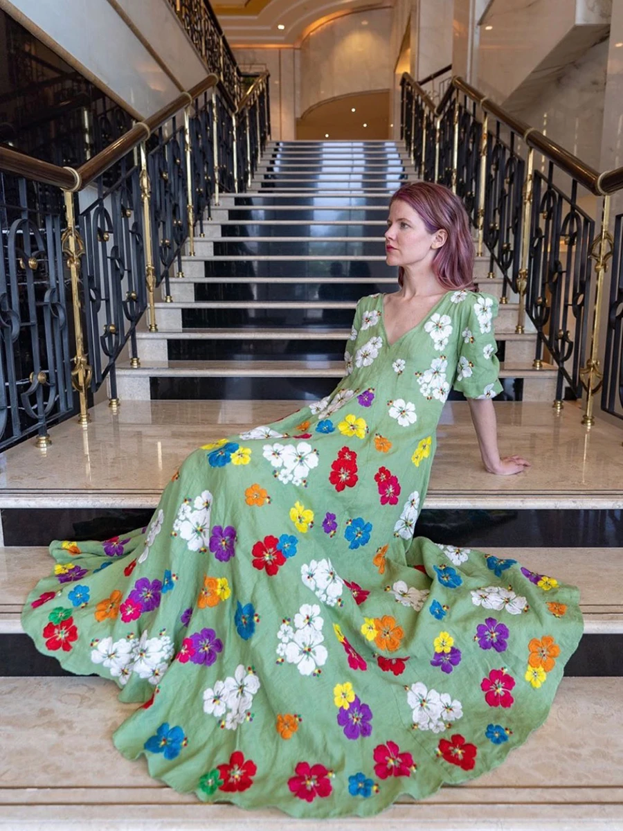 Gypsylady зеленое Цветочное платье макси с вышивкой женское платье с v-образным вырезом и пышным рукавом boho платье новое осеннее платье женское украинское платье