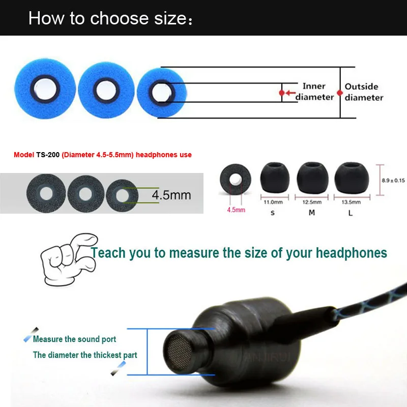 메모리 폼 이어버드 이어 패드, TS200, 4.5mm, 4.5mm-5.5mm 헤드셋, KZ ZAX 액세서리, 소음 차단 이어팁, 10 쌍
