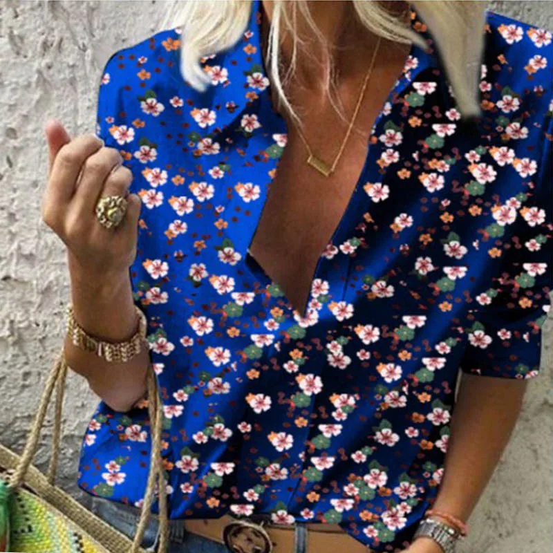 Flowers Blue Весенняя женская блузка для отдыха, топы, женские офисные блузки с цепным принтом, женские стильные блузки с длинным рукавом, женские 5XL - Цвет: Flowers Blue