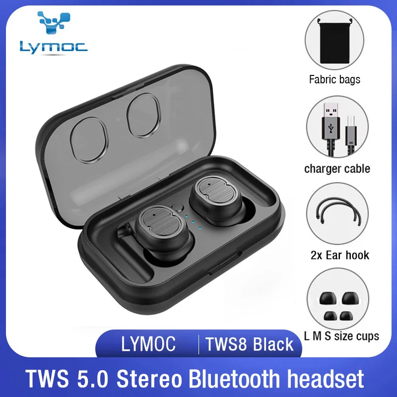 LYMOC TWS8 Bluetooth наушники 5,0 TWS беспроводные наушники мини наушники HiFi Звук Спорт водонепроницаемый HD микрофон громкой связи для всех телефонов - Цвет: Black fabric bag