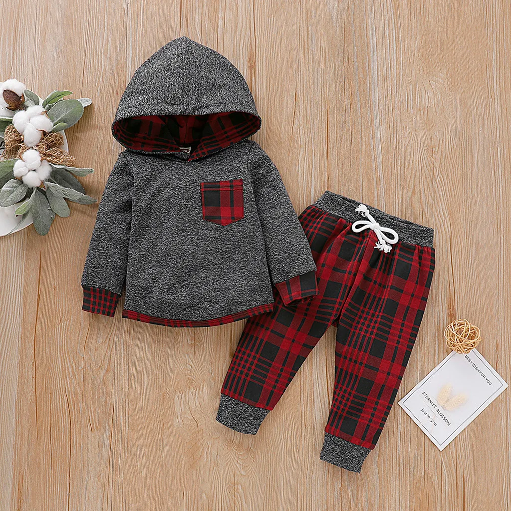 Комплекты зимней одежды для младенцев костюм для маленьких мальчиков и девочек клетчатый пуловер с капюшоном топы и штаны теплый мягкий комплект одежды roupas infantil