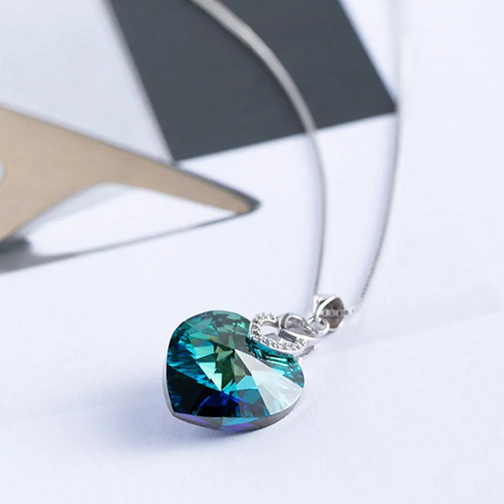 Premium Design Classic Ocean Heart Design Female Jewelry Blue Crystal Pendant S925 Sterling Shining Necklace