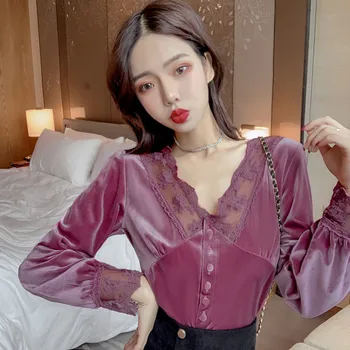 

Sexy Patchwork Shirt Womens tops New Spring Lace Backless V-Neck Women shirts Black Pink Purple 6707