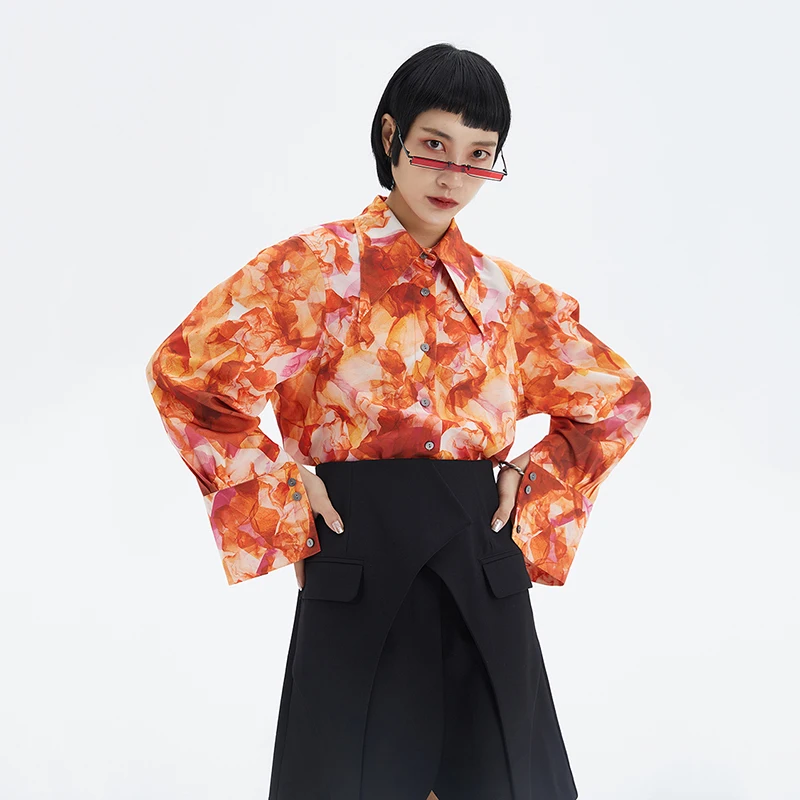 [EAM] Women Orange Pattern Printed Temperament