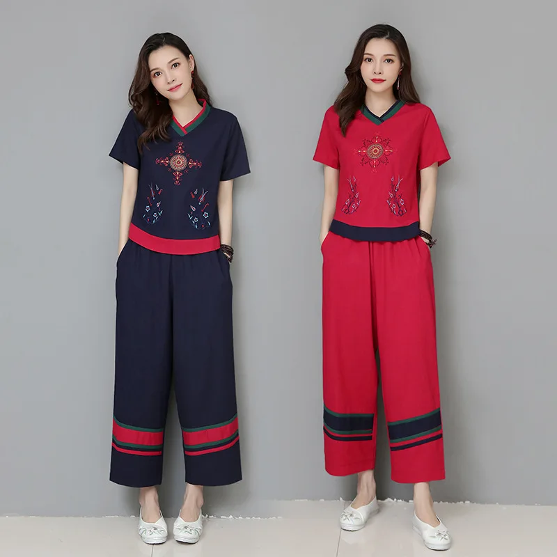 

2019 Summer New Style Large Size National Wind Cotton Linen Embroidered Joint Short-sleeved Top + Loose-Fit Loose Pants