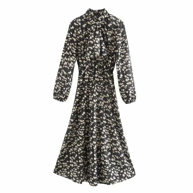 

New 2020 women French Style Bow Tied Collar Printing Long Dress female Long Sleeve Chic vestidos Casual Slim Dresses DS3230