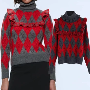

winter sweaters women pull femme england vintage Geometric jacquard cascading turtleneck sweaters women pullovers tops
