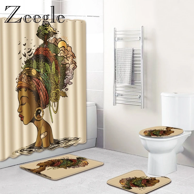 Zeegle Bathroom Carpets Shower Curtain Anti Slip Toilet Pedestal Rug Soft Foot Mat Absorbent Floor 4pcs Set | Дом и сад