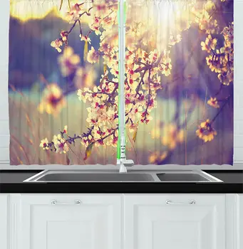 

Purple Grey Nature Kitchen Curtains Spring Season Romantic Flowers Blossoms Trees Sunbeams Artwork Photo for Kitchen Cafe Decor