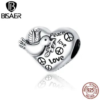 

BISAER Love and Peace Charms 925 Sterling Silver Dove of Peace Heart Beads Pendant Fit Original Bracelet DIY Necklace ECC1580