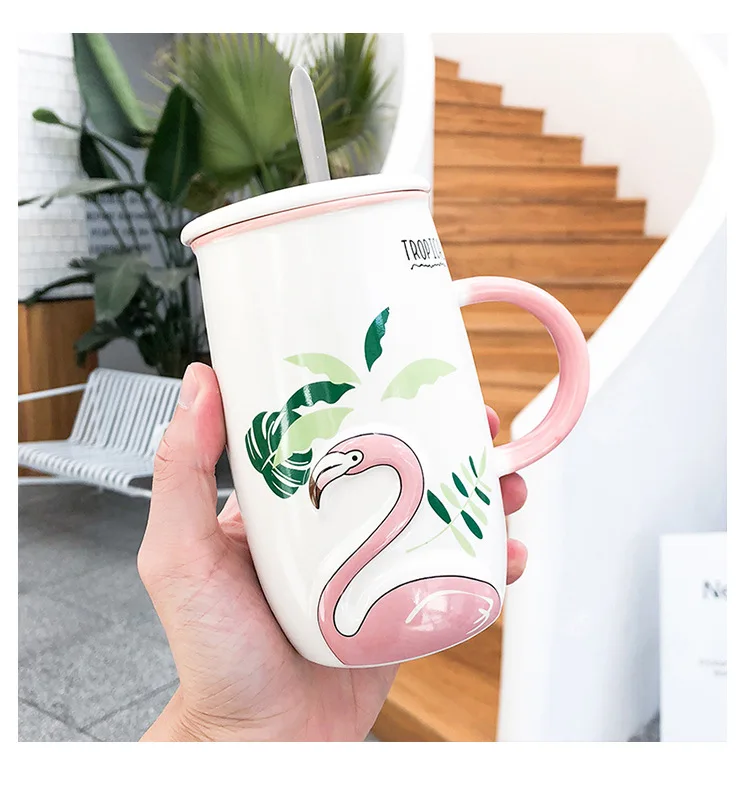 Керамическая кофейная кружка с рисунком фламинго, набор с крышкой, ложка, домашняя чашка для молока, завтрака, 520 мл, офисные бизнес кружки для воды для женщин