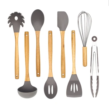 

8/9pcs Tools Non Stick Food Clip Durable Cooking Utensil Set Wooden Handle Spoon Multifunctional Kitchen Heat Resistant Spatula