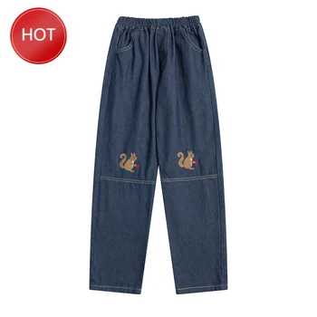

Aesthetic Jeans Preppy Style Women Jean Full Length Cute Squirrel Embroidery Elastic Waist Denim Pants