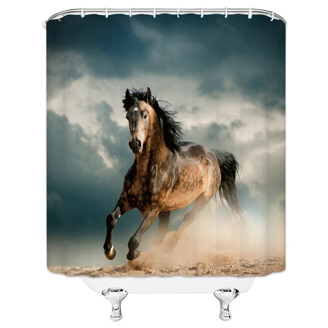 Black White Horse Shower Curtains Strong Animal Running on the Snow Bathroom Decor Home Bathtub Waterproof Polyester Curtain Set L3803