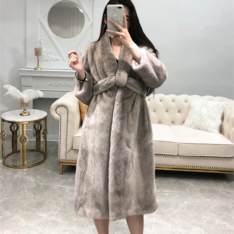 

Mink Whole Fur Women Long Skirt Coat with Scarf Collar Winter Thick Warm Female Mink Fur Jacket