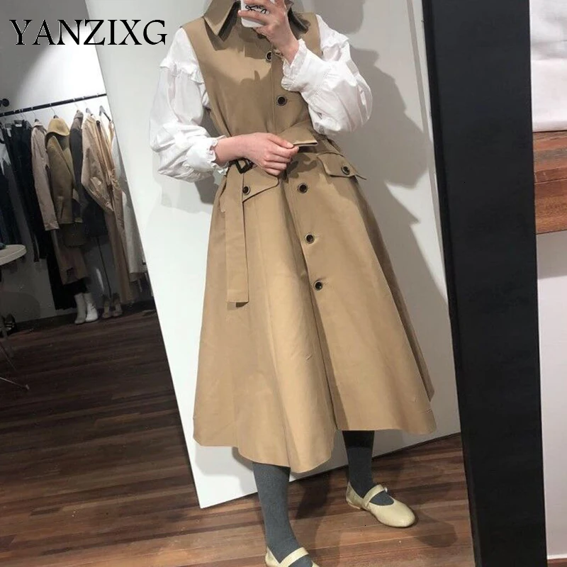 

] 2019 Spring Autumn New Pattern Lapel Sleeveless Solid Patchwork Single Breasted Vintage Windbreaker Women S818
