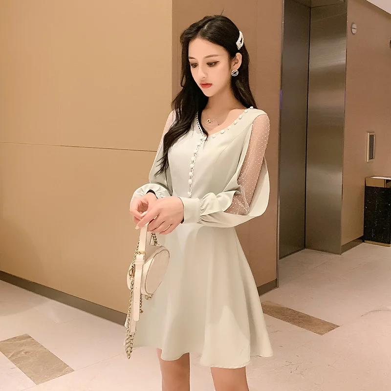 Tanie 2019 na co dzień kobiety nowy V z długim rękawem z długim rękawem przędzy netto francuski rysunek sukienka modna sukienka