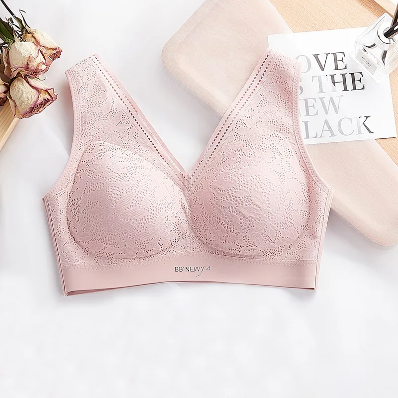 

Roseheart Women Fashion Gray Pink Wireless Sexy Bras Push Up Wireless Lace Bow Padded One-Piece Bras Bralette Women Underwear