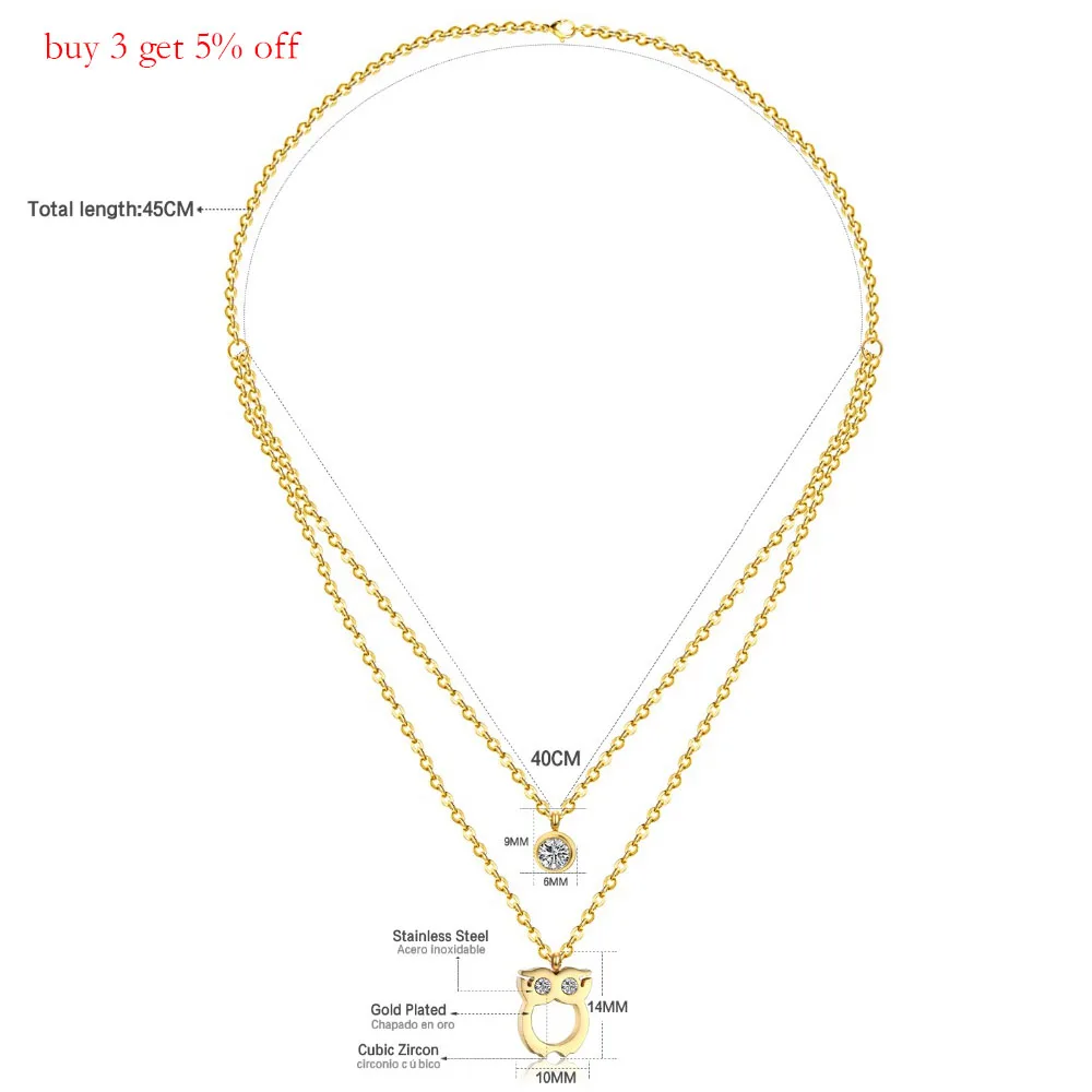 LUXUKISSKIDS 316L Двойная Цепочка Из Нержавеющей Стали Сова Золотая подвеска ожерелье CZ