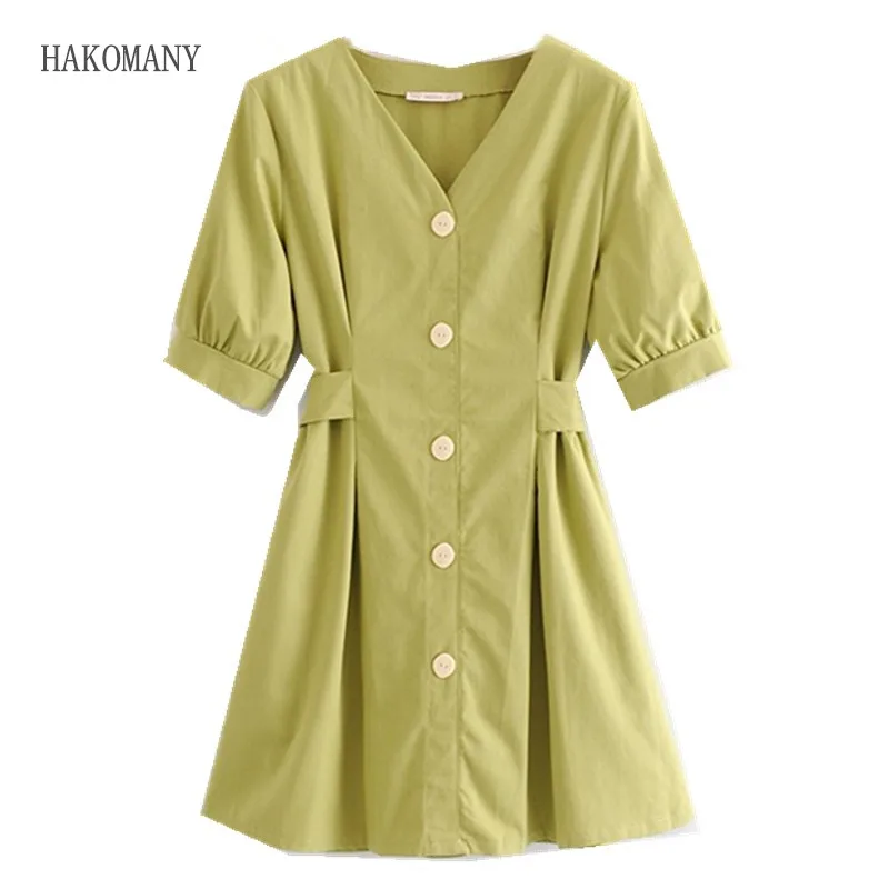 

2019 Retro Avocado Green V neck Open Buttons Shirt Dress French Woman Cotton Tide Bow Sashes Vestido Summer Dresses Vintage