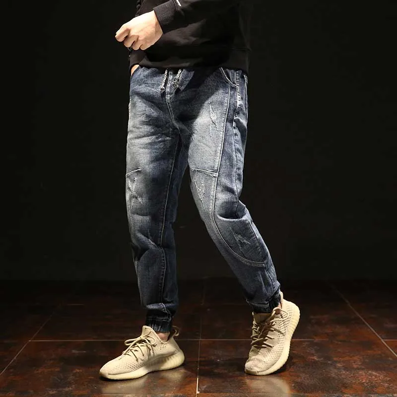 Новые мужские джинсы, хлопковые шаровары, мужские Свободные мешковатые джинсы размера плюс, джинсы для бега с эластичной резинкой на талии, потертые джинсовые штаны, Мужская джинсовая одежда