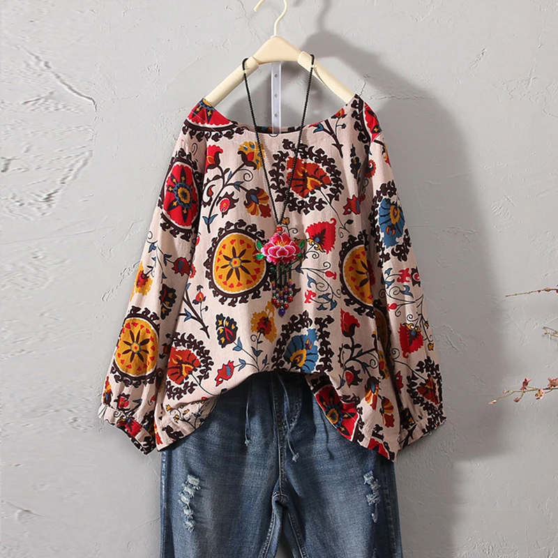 2019 новые женские Топы Рубашки винтажные Boho Цветочные с длинным рукавом круглым