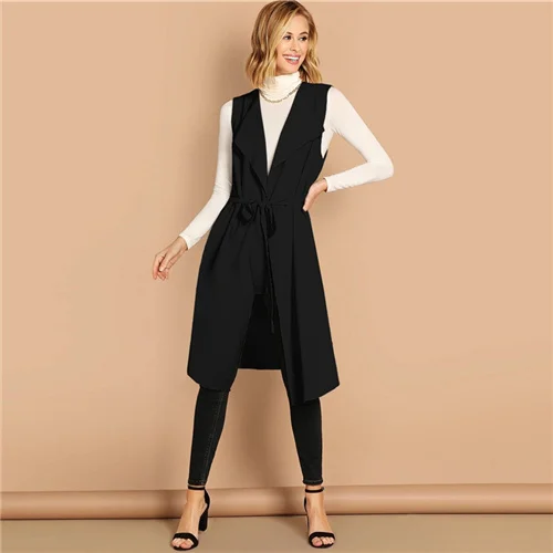 Sheinside, черное повседневное пальто с водопадом, с поясом, для женщин, осень, без рукавов, Удлиненные Пальто, для девушек, однотонная отделка, верхняя одежда - Color: Black