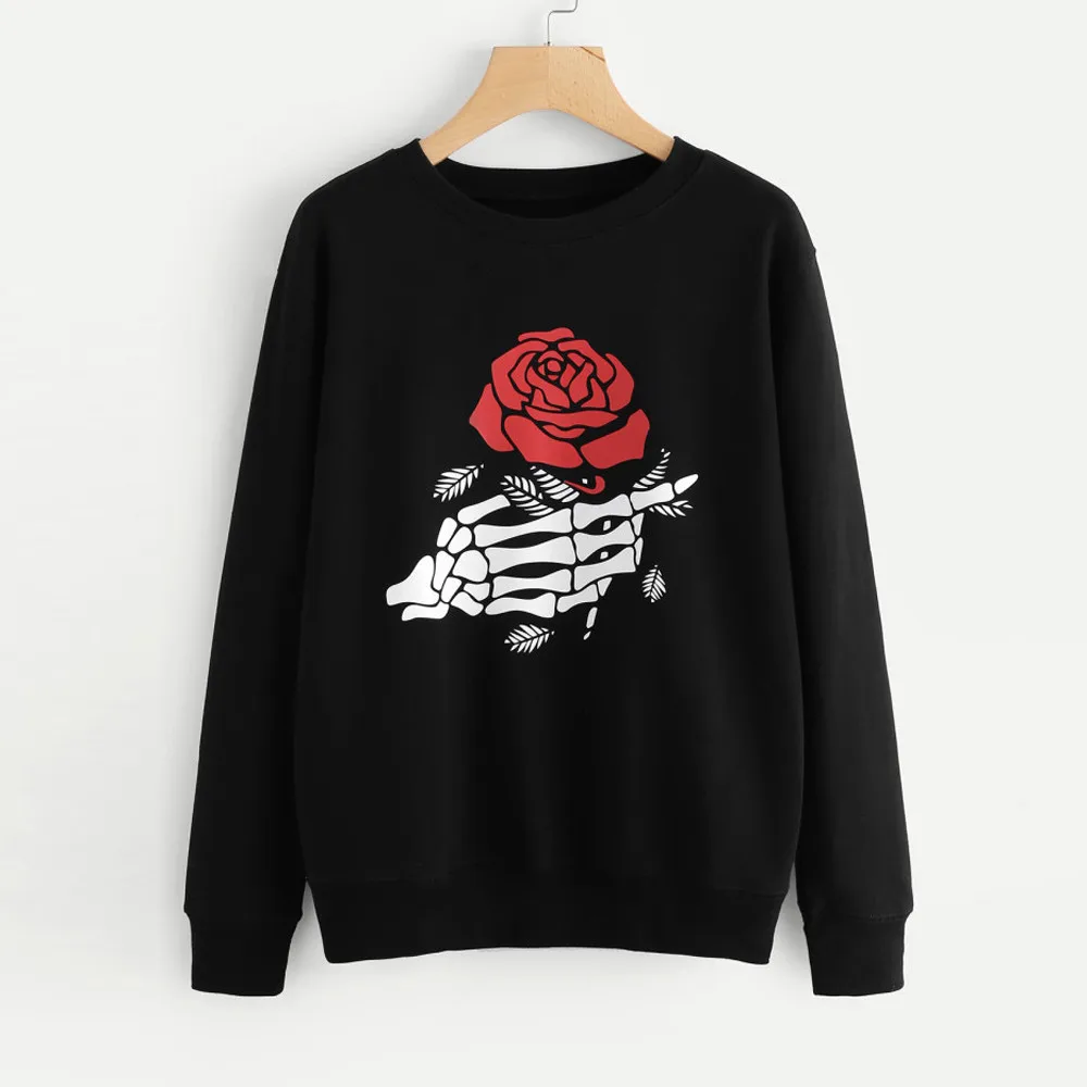 JAYCOSIN black round neck ghost claw rose print long-sleeved sweatshirt pullover casual hooded sweatshirt cool black street beat