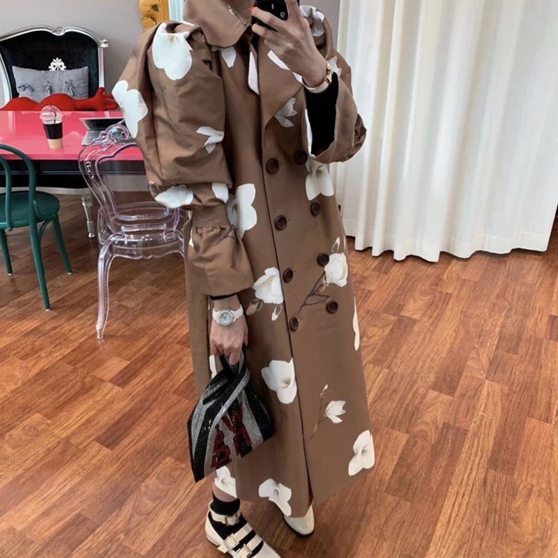 Beste Ricinina Trenchcoat Vrouwen Lange Mouw Knoppen Sjerpen Bloemenprint Vrouwen Jassen Oversized Lange Windjack Vrouw Lente Uitloper