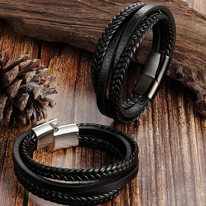 

Trendy Genuine Leather Bracelet Men Multilayer Braided Rope Stainless Steel Magnet Clasp Bracelets Men Armband Homme Jewelry