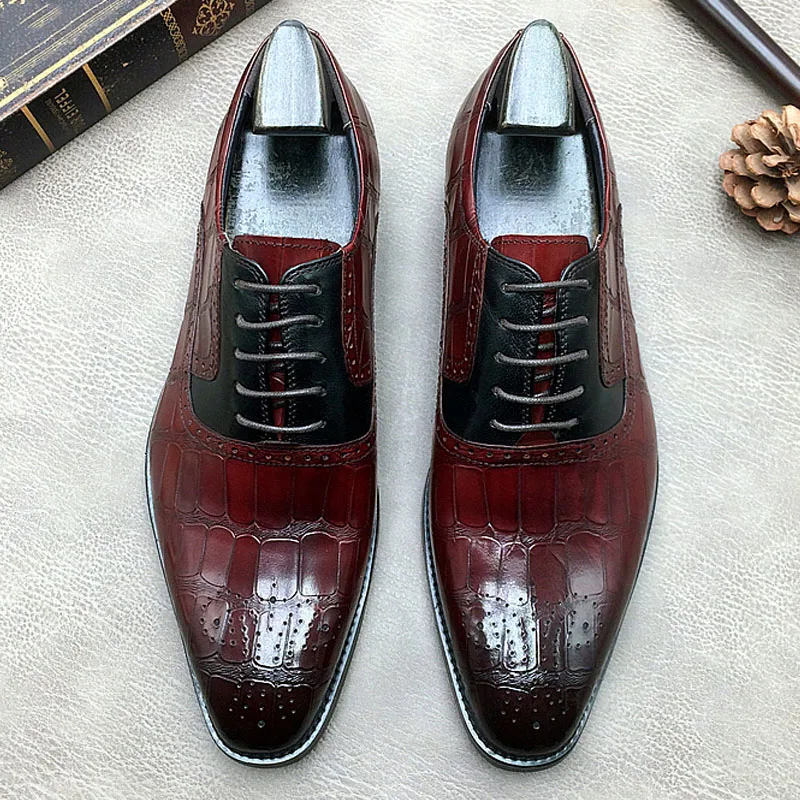 

Mens Brogues Shoes Genuine Leather Oxfords Alligator Skin Dress Shoes Business Formal Gents Suit Shoes Wine Red Black