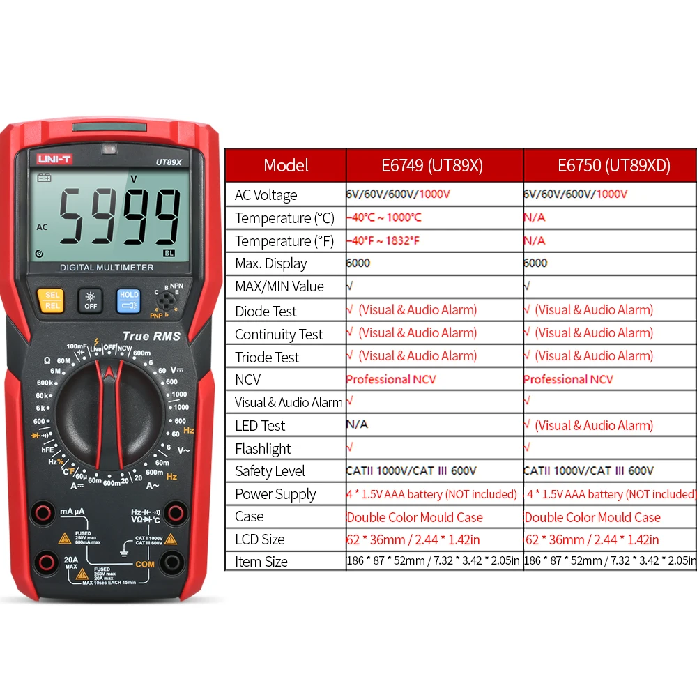UNI-T UT89X Цифровой мультиметр 6000 отсчетов ЖК-Дисплей True RMS измерение AC/DC напряжение Емкость Частота Диод тестер