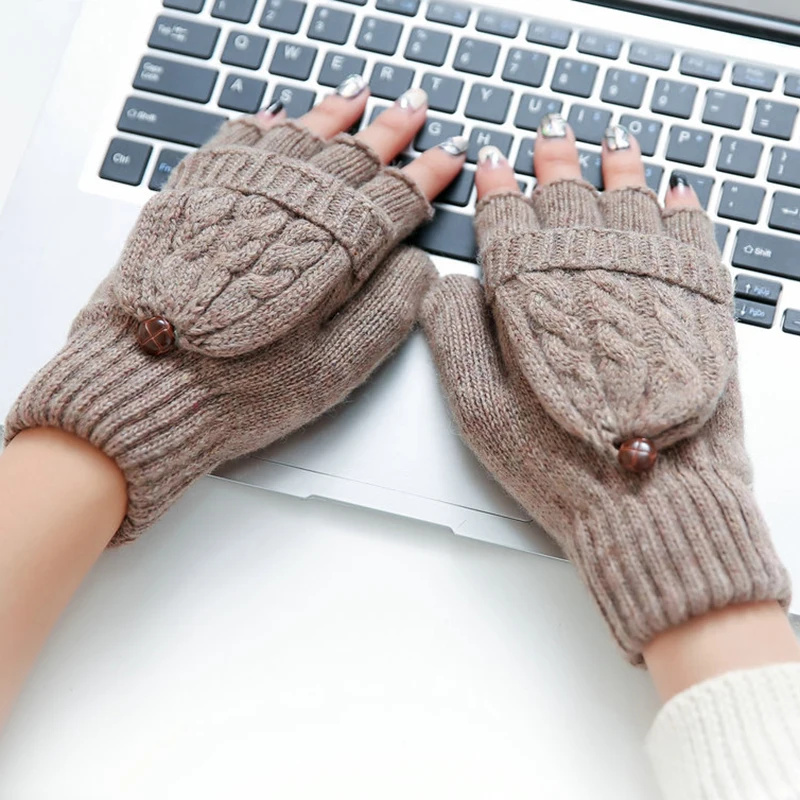 Winter Warm Exposed Finger Mittens Knitted Warm Flip Half Finger Gloves Men Wome 
