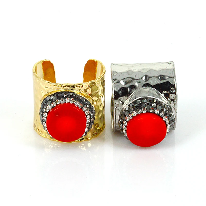 

rhinestone paved red coral charm wide wrapped adjustable resizable wide open hammered gold silver ring cuff for woman man