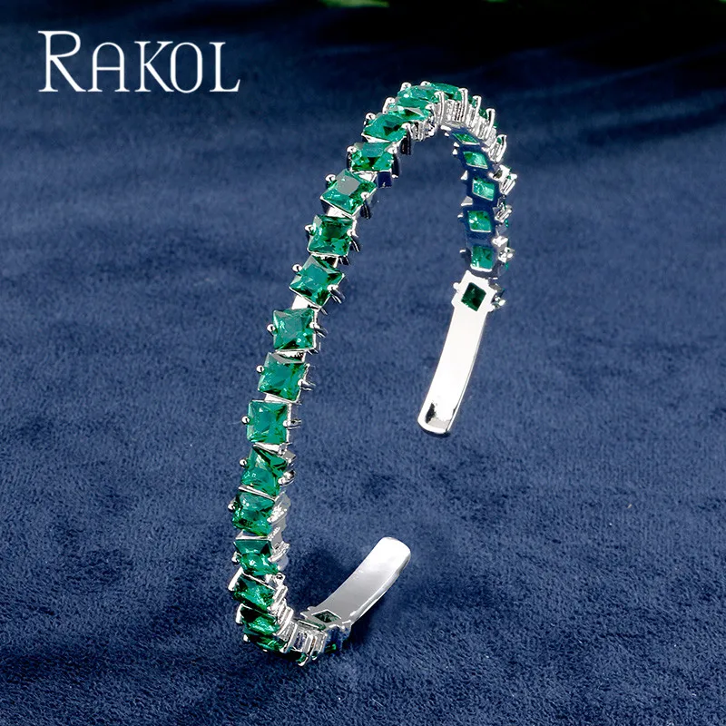 Green RAKOL Новая мода квадратный кубический цирконий багет Bijoux Браслет-манжета и браслет для женщин Свадебные украшения RB21477 - Окраска металла: Green