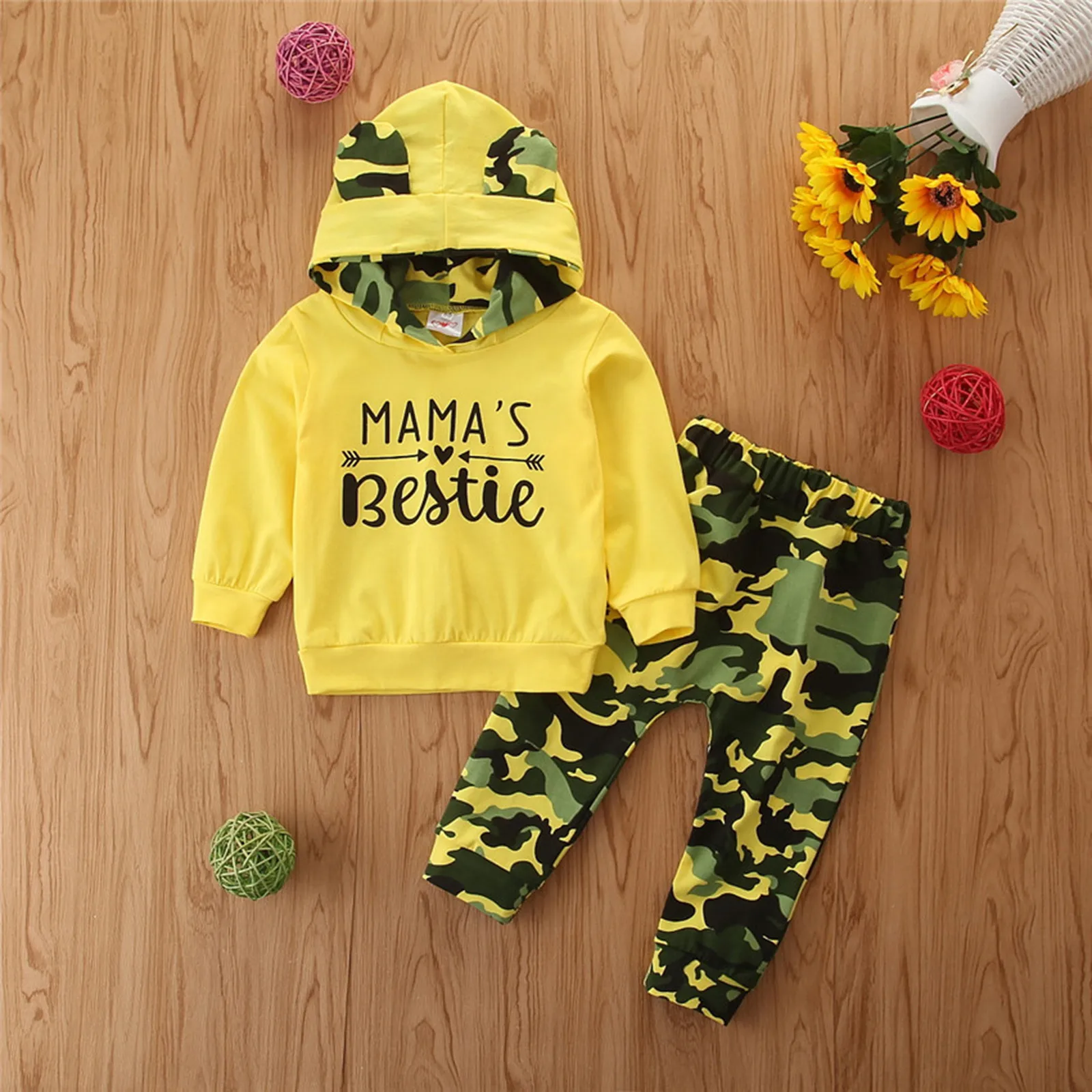 

New 6Months-3Years Bear ear hat Toddler Baby Kids Girs Letter Print Hooded Tops+Camouflage Pants Outfits Sets robe bebe fille M5