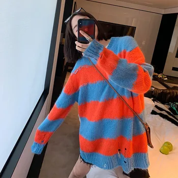 

2019 Casua Women Pullover Sweaters Loose Knitted Autumn Winter Casual Striped Pullovers Pull Femme Jumper chompas para muje