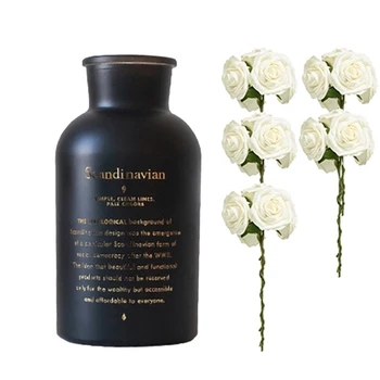 

Roses Artificial Flowers-25 Pcs Big PE Foam Rose Artificial Flower Head & 1x Black Glass Vases Hydroponics Plant Flower