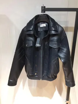 

real genuine sheep leather coat jacket with Python pattern snake print 2020 fashion animal print baseball uniform