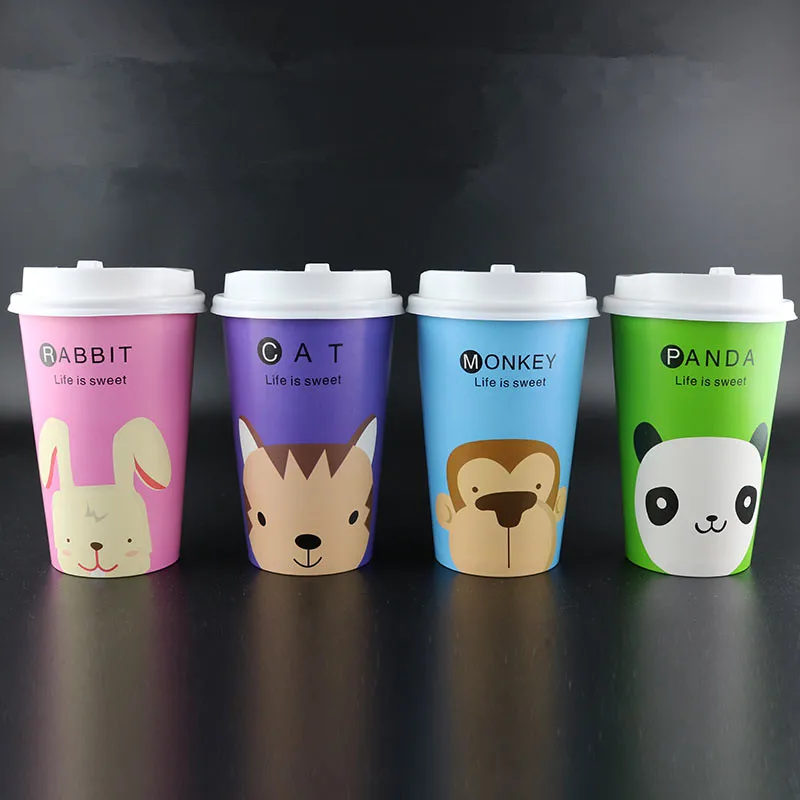 

50pcs Cute animal cartoon paper cup disposable tea cup thickening cold and hot drink coffee juice drink packaging cup with lid