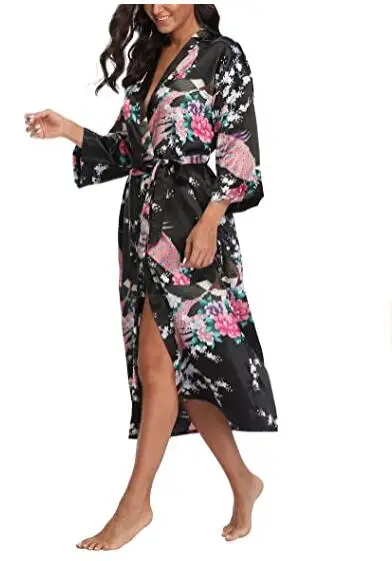 Sexy Women Long Robe With Pocket Wedding Bride Bridesmaid Dressing Gown Rayon Kimono Bathrobe Large Size S-XXXL Night Dress